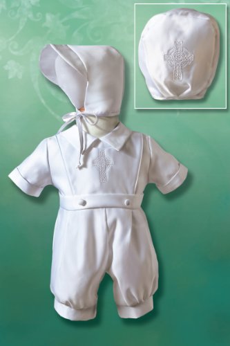 Boy’s Matte Satin Christening Romper with Embroidered Celtic Cross, 3-6 Months, 10-14 lbs