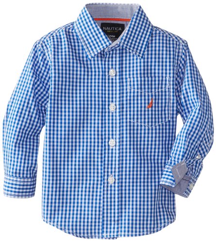 Nautica Baby-Boys Infant Long Sleeve Gingham Woven Shirt, Blue Jean, 18 Months