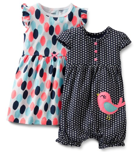 Carter’s Girls 3 Piece Cotton Dress Romper Set (18 Months, Multi)